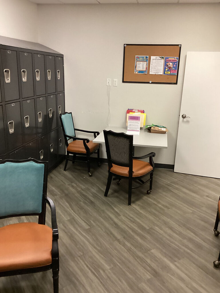 Company breakroom with lockers for employees to store personal belongings.