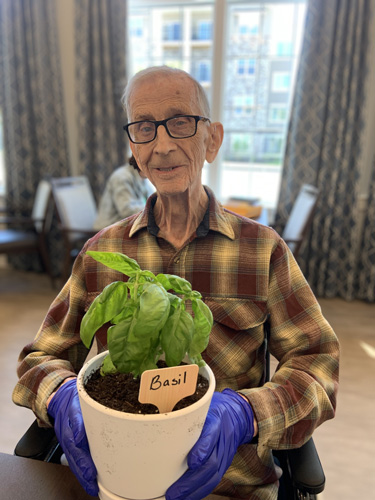 Senior resident proudly holding a potted basil plant with a label, wearing blue gardening gloves and a plaid shirt, smiling while sitting in a bright, cozy room in a senior living community.